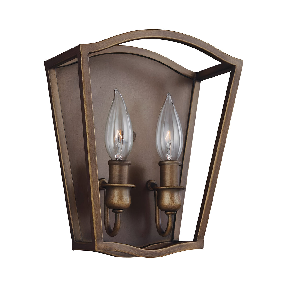 The Yarmouth 2 Light Wall Light in painted aged brass showcases a sconce with two candle-style bulbs set within a rectangular, open-frame design. The bulbs emulate traditional candles, adding to its vintage allure inspired by classic lantern aesthetics.