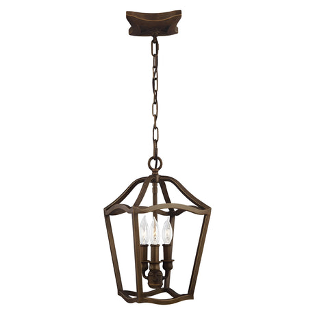 The Yarmouth 3 Light Chandelier in Painted Aged Brass features a vintage-style design with a geometric metal frame and three candle-like lights inside, all suspended by a chain from a square ceiling mount.