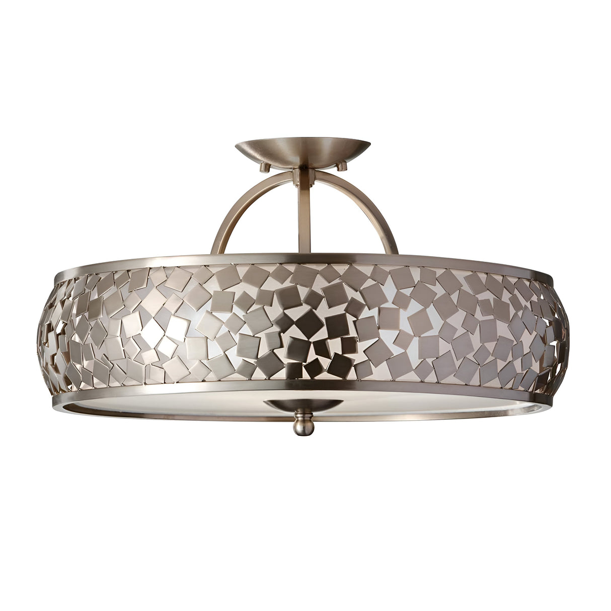 Introducing the Zara 3 Light Semi Flush - Brushed Steel fixture, showcasing a sleek brushed steel finish. This silver semi-flush ceiling light is designed with a geometric mosaic-patterned shade composed of interlocking metal pieces and a circular frame, offering a modern and decorative touch to any contemporary decor.