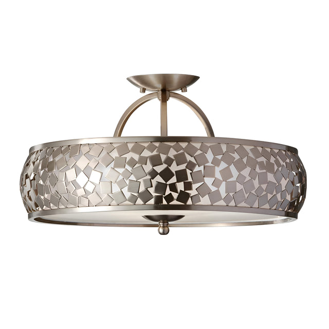 Introducing the Zara 3 Light Semi Flush - Brushed Steel fixture, showcasing a sleek brushed steel finish. This silver semi-flush ceiling light is designed with a geometric mosaic-patterned shade composed of interlocking metal pieces and a circular frame, offering a modern and decorative touch to any contemporary decor.