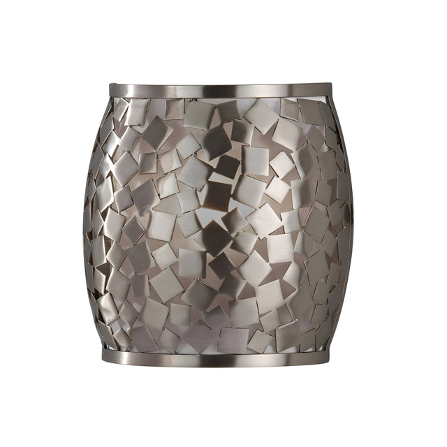 The Zara 1 Light Wall Light in brushed steel features a decorative metal drum design with a mosaic pattern of interlocking silver and beige tiles, offering a reflective surface that enhances its contemporary look and adds a modern, artistic touch.