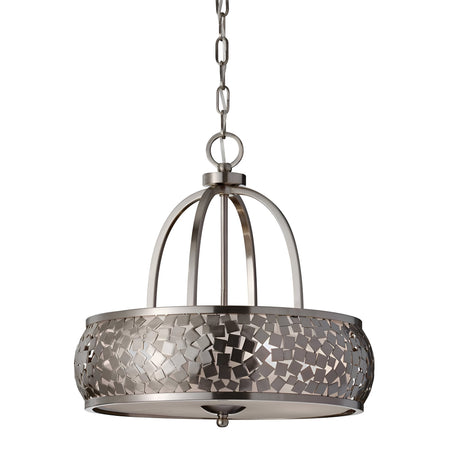 The Zara 4 Light Chandelier - Brushed Steel features a modern pendant design with mosaic-patterned glass panels surrounding the bulb. It hangs elegantly from a chain, combining contemporary elegance with modern flair.