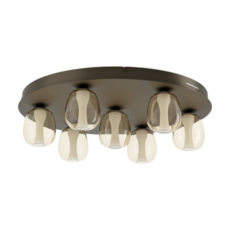 Ferro LED Flush Ceiling Light in dark bronze with a round steel ceiling plate and seven egg-shaped amber glass shades, shown on a plain white background.