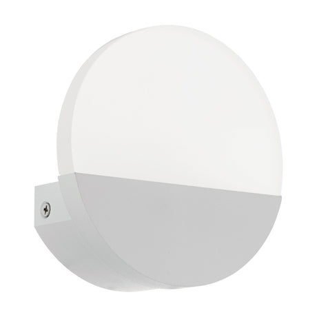 Fesessa LED Wall Light 13cm in White, a round aluminium and plastic wall fixture with a satin disc shade, half-moon lower cover, and side mounting bracket, shown on a plain white background.
