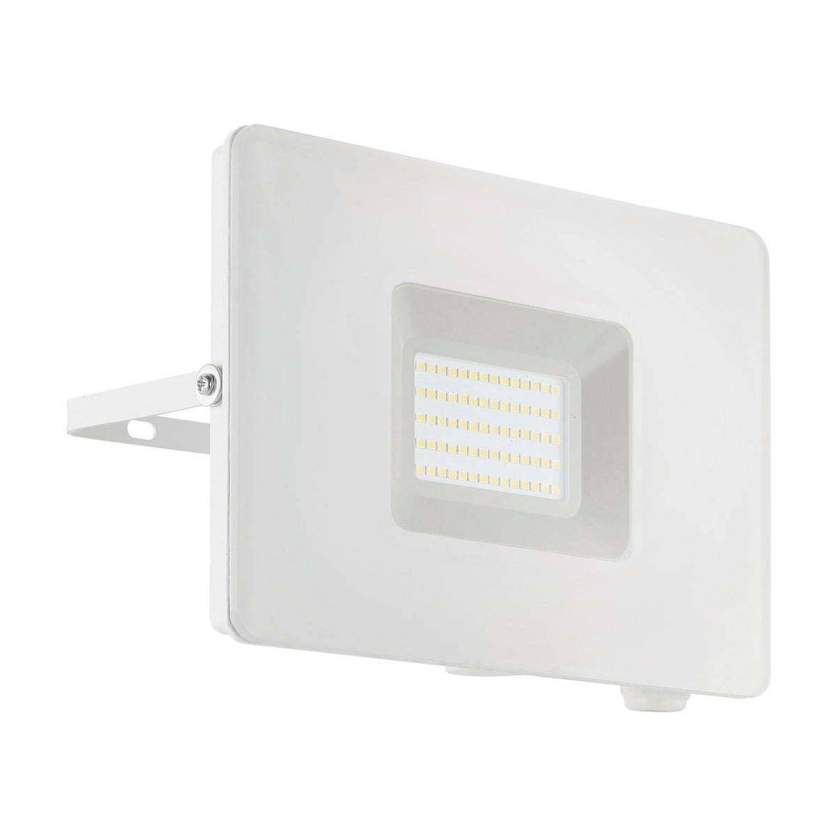 Fesvine LED flood light in white aluminium with a rectangular glass front, integrated LED panel, mounting bracket, and screws, shown on a plain white background.