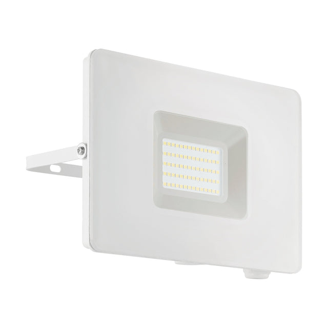Fesvine LED flood light in white aluminium with a rectangular glass front, integrated LED panel, mounting bracket, and screws, shown on a plain white background.