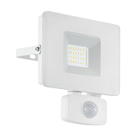 White Fesvine LED flood light, 13cm square aluminium fixture with glass front and visible LEDs, wall-mounted with round motion sensor below, on plain white background.