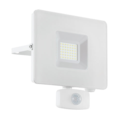 Fesvine LED flood light in white aluminium with clear glass front and integrated motion sensor, wall bracket visible, shown on a plain white background.