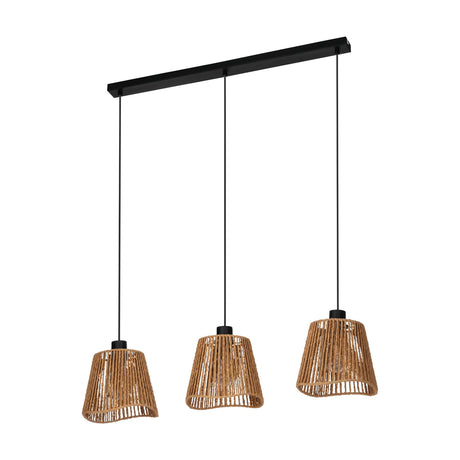 Fevorne 3-light linear pendant with a black steel ceiling bar, slim black cords, and woven natural paper shades, shown on a plain white background.