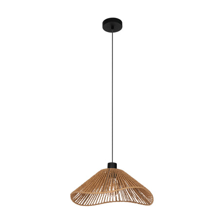 Fevorne pendant light with a round black ceiling canopy, slim black cord, and a woven natural paper shade with a wavy open brim, shown on a plain white background.