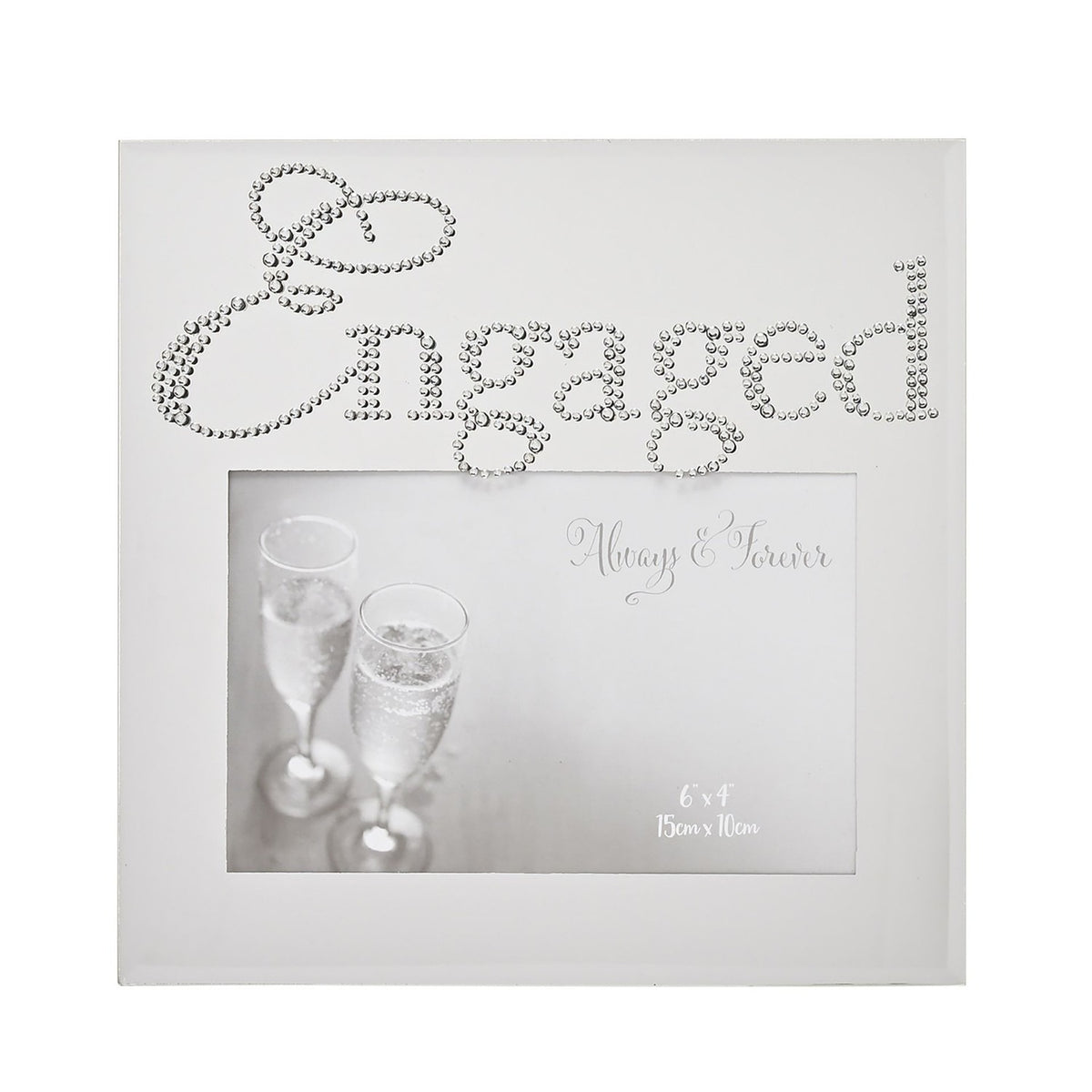 Square glass photo frame with mirrored silver finish, "Engaged" spelled in crystal script above a 6 x 4in photo window on a white background.