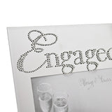 Close-up of the Engaged Crystal Word Mirror Glass Photo Frame, 6 x 4in, with "Engaged" in silver crystals above a mirrored surface framing a champagne glasses photo.