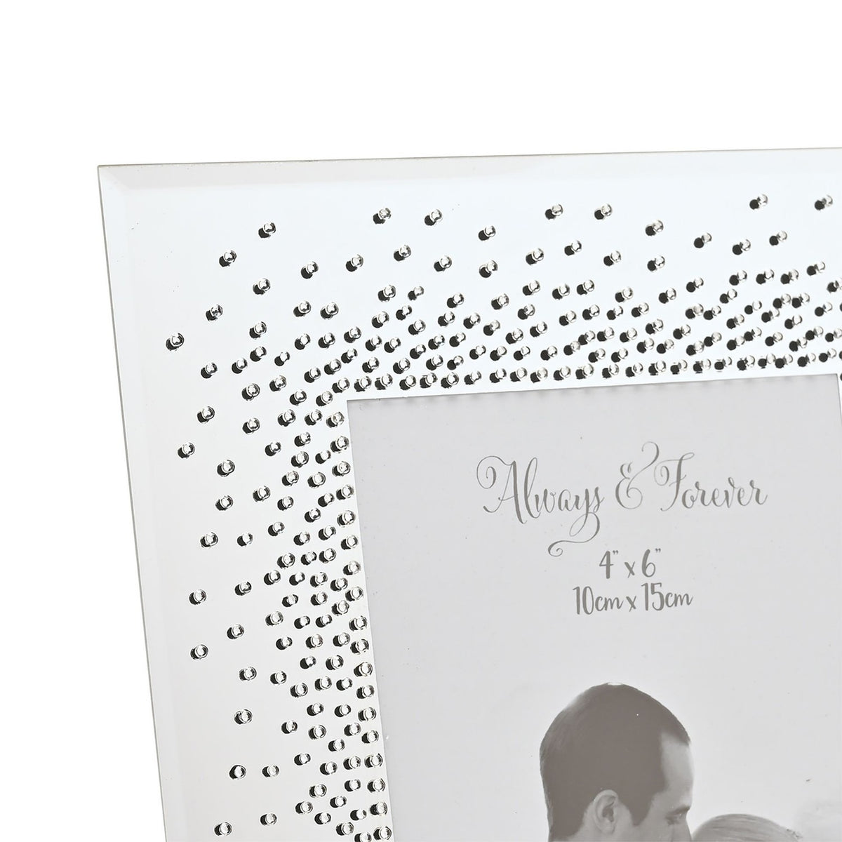 Close-up of a rectangular mirrored photo frame with a silver finish, showing dense starburst crystal detailing in one corner and "Always & Forever 4"x6"" text etched on the mirror.