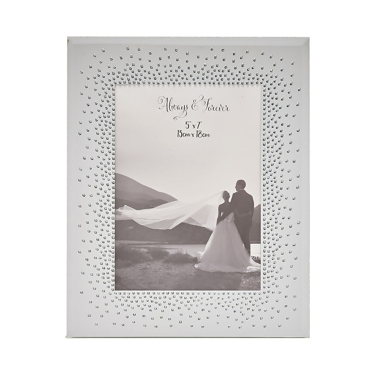 Rectangular mirrored photo frame in silver with dense starburst crystals around the opening, holding a 5x7 black and white wedding photo, shown on a white background.