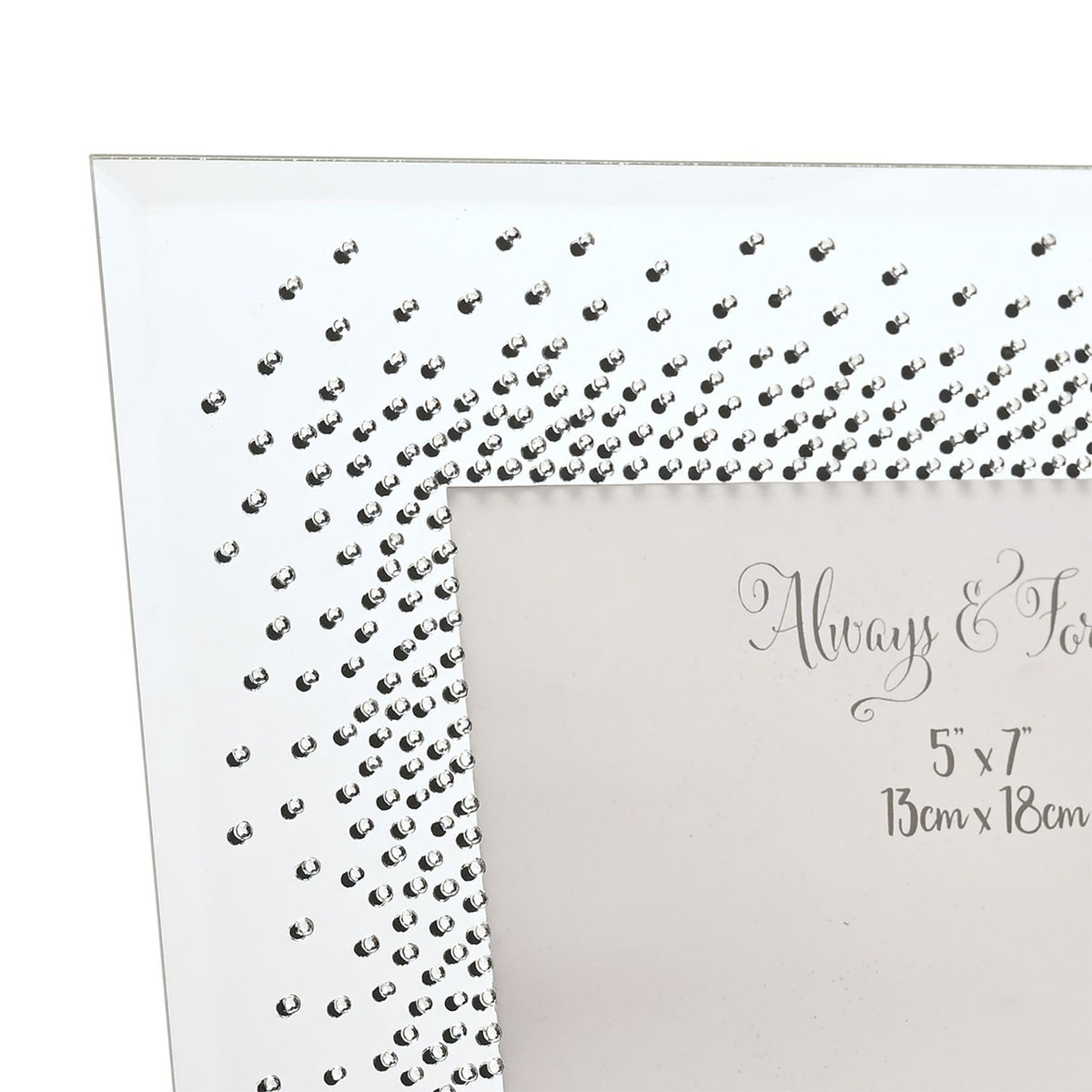 Close-up of the Wedding Mirror Photo Frame in silver, showing starburst crystal detailing and engraved "Always & Forever" text with 5"x7" sizing on a mirrored surface.