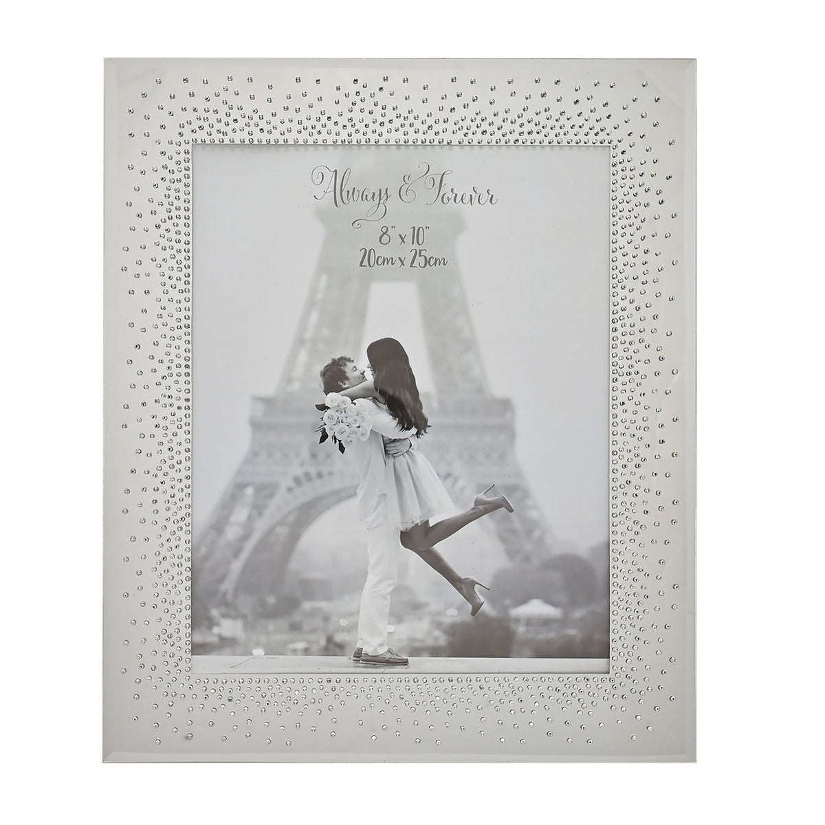 Rectangular wedding photo frame in silver mirror finish with dense starburst crystal border, displaying an 8"x10" "Always & Forever" sample photo.