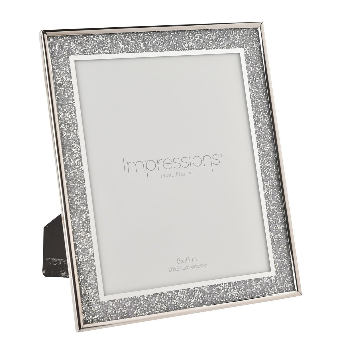 Rectangular photo frame with silver glitter border and shiny silver rim, 8x10in aperture, shown with rear easel stand on a white background.