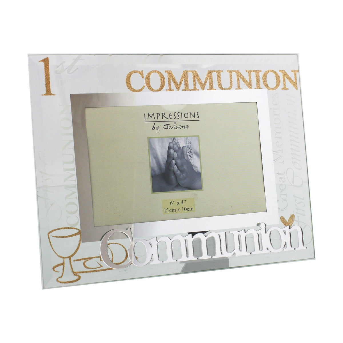 Glass photo frame for a 6x4in photo, featuring "1st COMMUNION" in gold glitter text, a raised silver "Communion" word below, and a mirrored border with a gold chalice design.