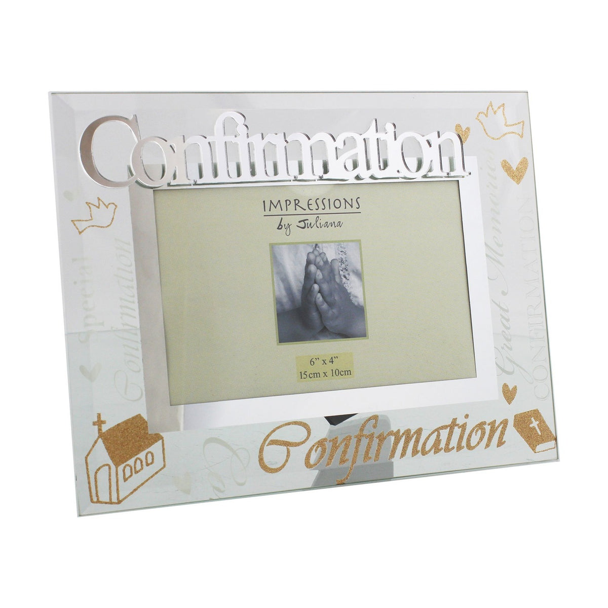Confirmation 3D Words Glitter Photo Frame 6 x 4in in mirrored glass with raised silver "Confirmation" lettering, gold glitter script, church and heart motifs, holding a 6x4in sample photo.