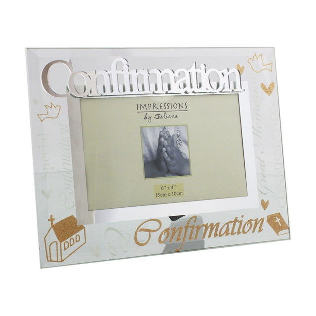 Confirmation 3D Words Glitter Photo Frame 6 x 4in in mirrored glass with raised silver "Confirmation" lettering, gold glitter script, church and heart motifs, holding a 6x4in sample photo.