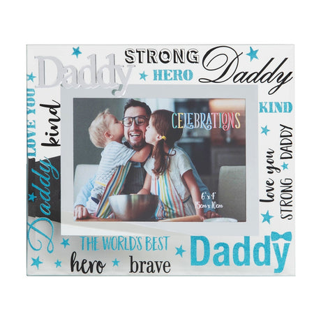 Daddy 3D Words Freestanding Glass Photo Frame, 6 x 4in, with raised silver "Daddy" text and blue glitter and black wording like strong, hero, kind and brave around a family photo.