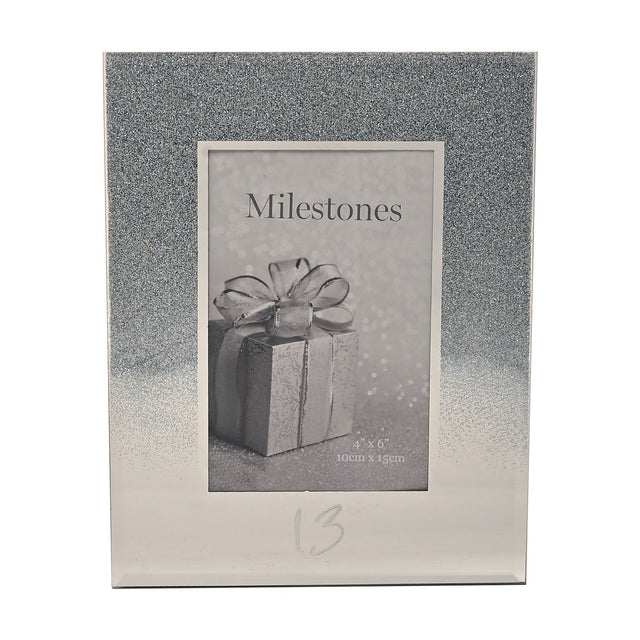 Rectangular glass photo frame for a 13th birthday, silver glitter fading into a mirror finish with "13" below the 6 x 4in picture window, shown on a white background.