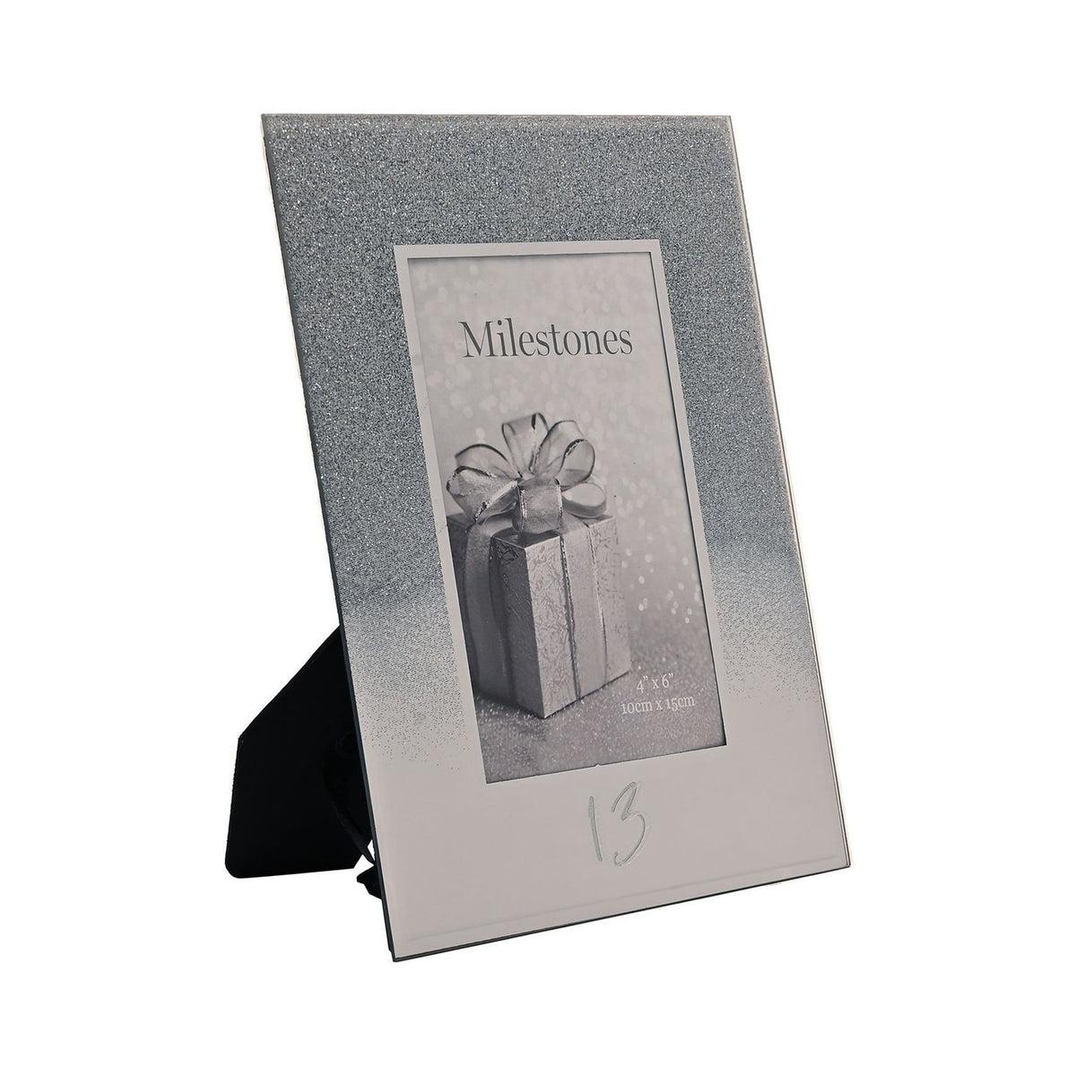 13th Birthday glitter mirror photo frame, rectangular, silver glitter fading into mirrored glass with "13" numerals below a 6 x 4in photo window, plain background.