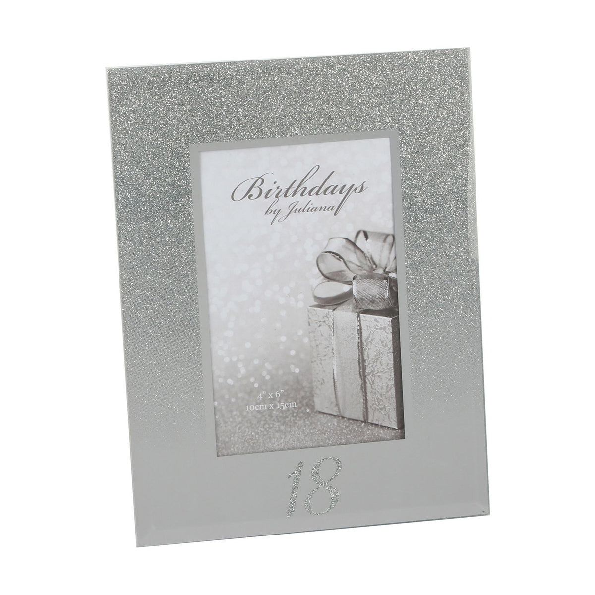 18th Birthday glitter mirror glass photo frame for a 6 x 4in print, silver glitter fading into mirrored glass with "18" in glitter below, on a white background.