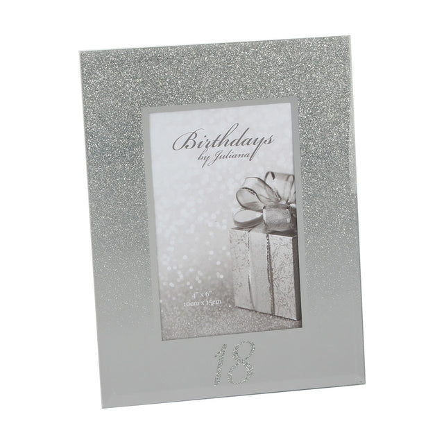 18th Birthday glitter mirror glass photo frame for a 6 x 4in print, silver glitter fading into mirrored glass with "18" in glitter below, on a white background.