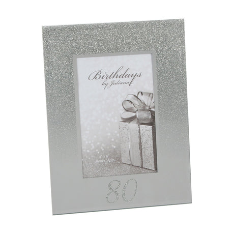 80th Birthday Glitter Glass Mirror Photo Frame, rectangular silver frame with glitter fading into mirrored glass, "80" in sparkle below a 6 x 4in photo opening, plain white background.