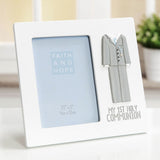 White resin photo frame for a 5 x 3.5in portrait photo, with a raised grey boy's communion suit, rosary detail, and "MY 1ST HOLY COMMUNION" text beside the opening.