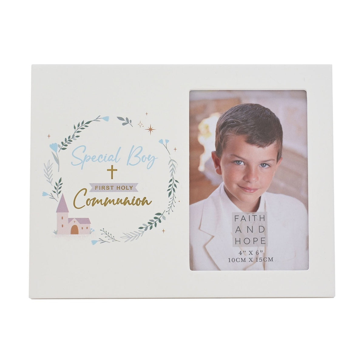 White rectangular photo frame for First Holy Communion with "Special Boy" script, leafy wreath, blue flowers and church illustration beside a 6 x 4in boy's portrait opening.