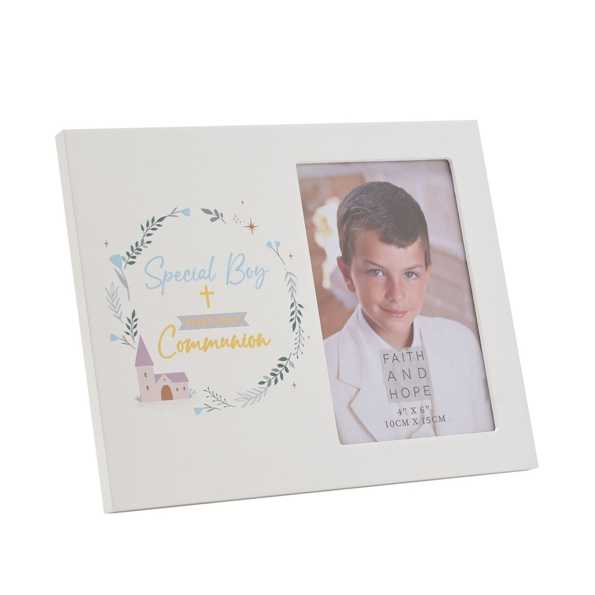 White rectangular 6x4in photo frame with "Special Boy First Holy Communion" text and illustrated wreath of leaves, flowers and a small church, shown with a boy's portrait.