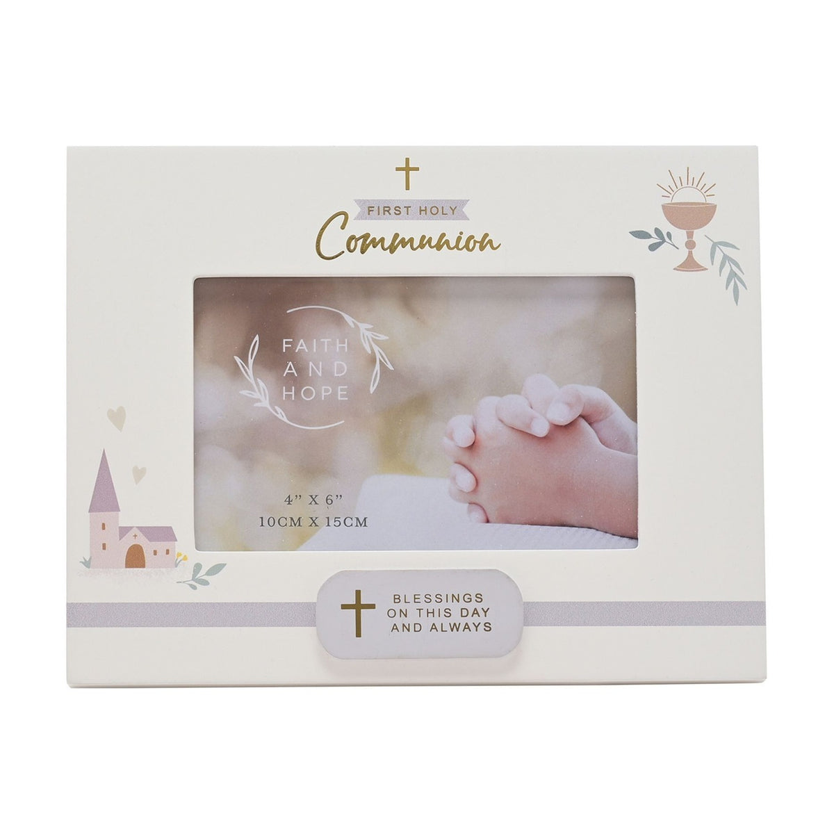 White wooden First Holy Communion photo frame, 6x4in, with gold cross and script text, rose-gold chalice, and pink church motif, holding a sample image of praying hands.