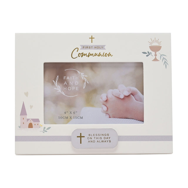 White wooden First Holy Communion photo frame, 6x4in, with gold cross and script text, rose-gold chalice, and pink church motif, holding a sample image of praying hands.