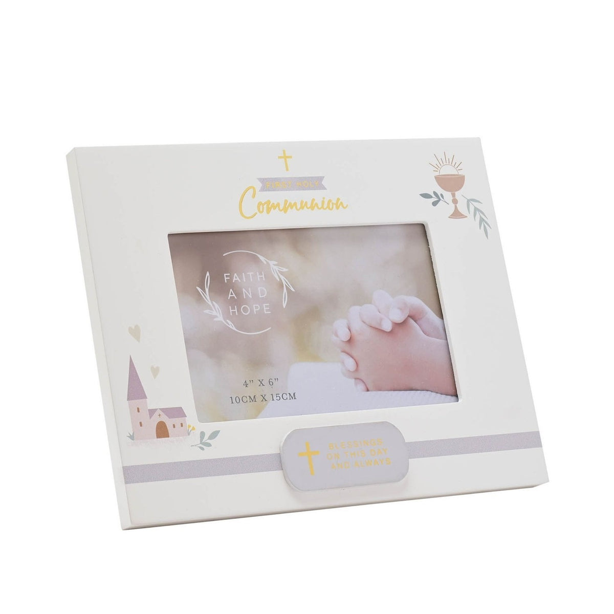 White wooden First Holy Communion photo frame, 6x4in, with gold cross and script text, rose-gold chalice, and pink church motif, holding a praying hands photo.