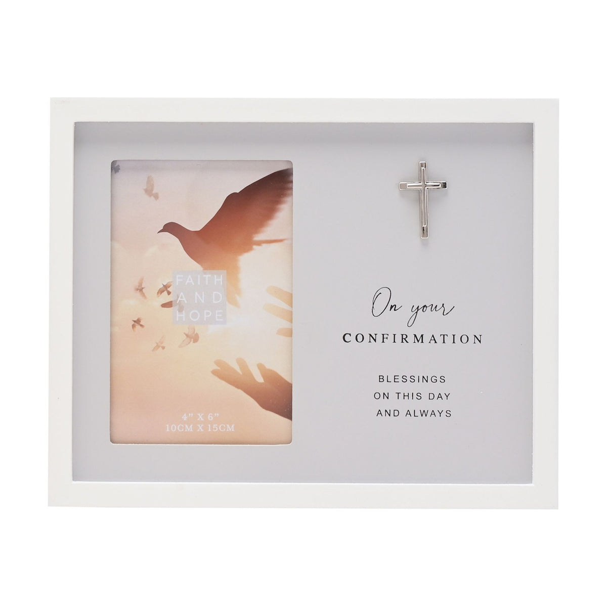 Confirmation Photo Frame with Cross 6 x 4in - Grey & White