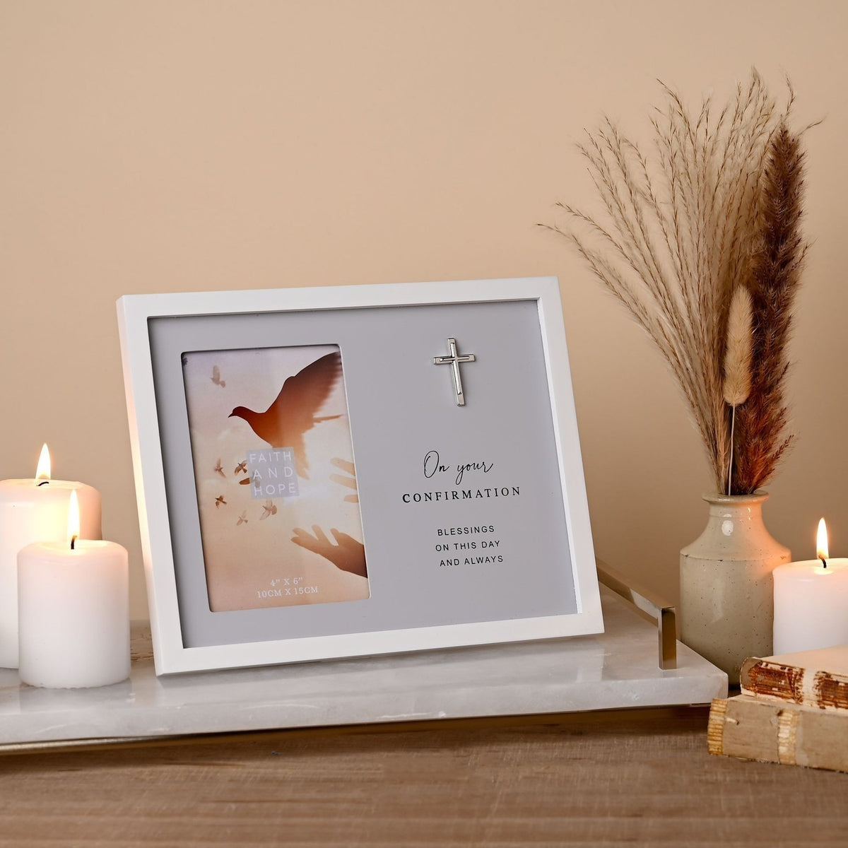 Confirmation Photo Frame with Cross 6 x 4in - Grey & White