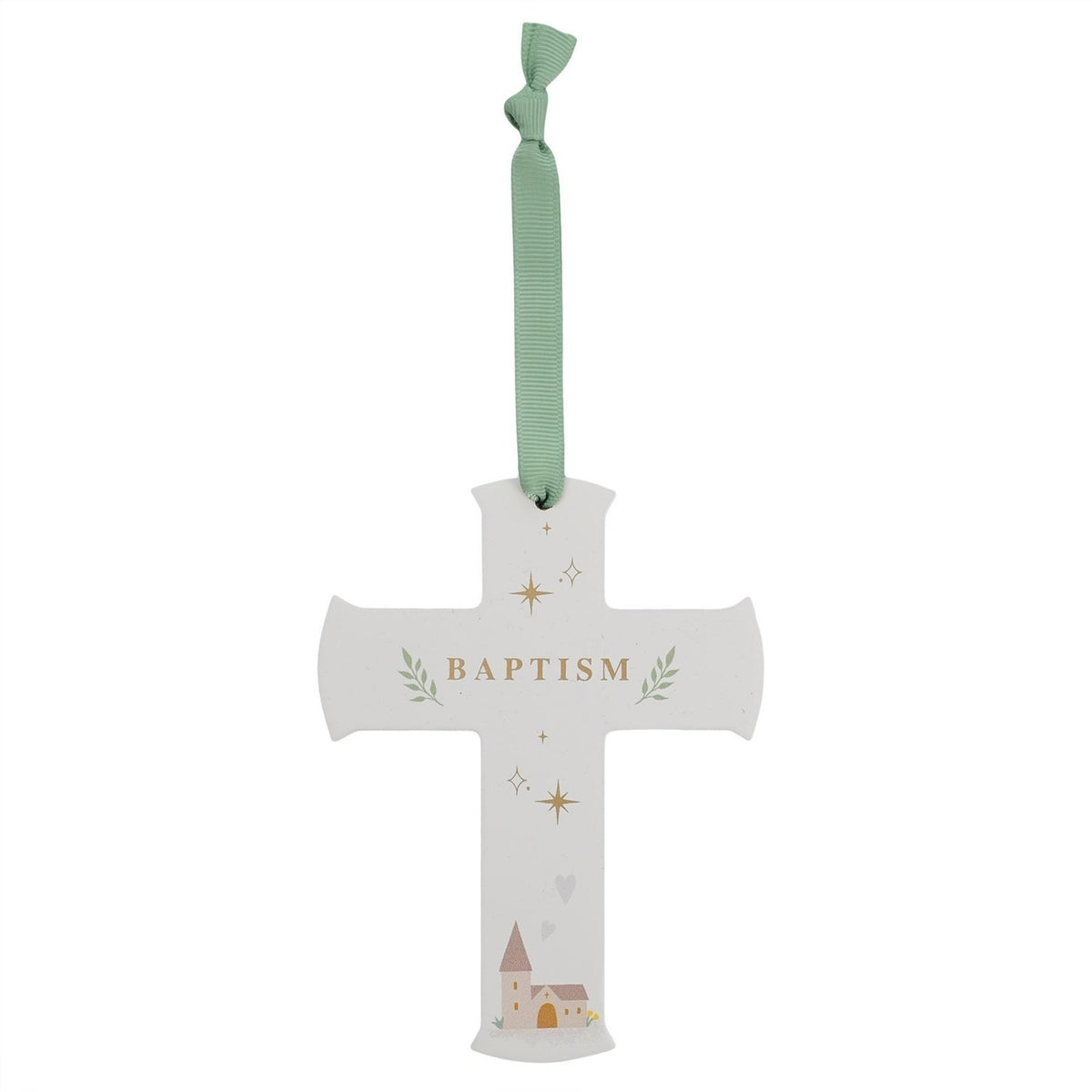 White Baptism hanging cross plaque with sage green ribbon, gold "Baptism" text, stars, hearts, and a small illustrated church, on a plain white background.