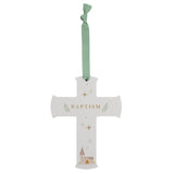 White Baptism hanging cross plaque with sage green ribbon, gold "Baptism" text, stars, hearts, and a small illustrated church, on a plain white background.