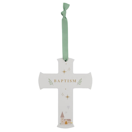 White Baptism hanging cross plaque with sage green ribbon, gold "Baptism" text, stars, hearts, and a small illustrated church, on a plain white background.