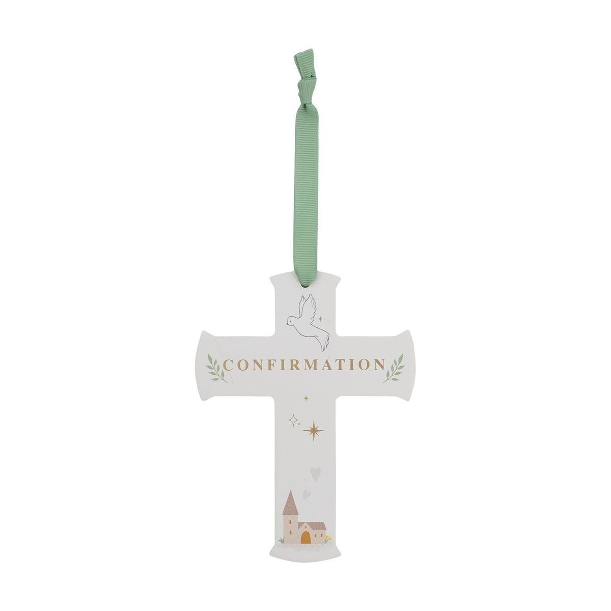 White wooden Confirmation hanging cross plaque with gold lettering, a dove, leaf sprigs, stars and a church illustration, hung on a sage green ribbon against a plain white background.