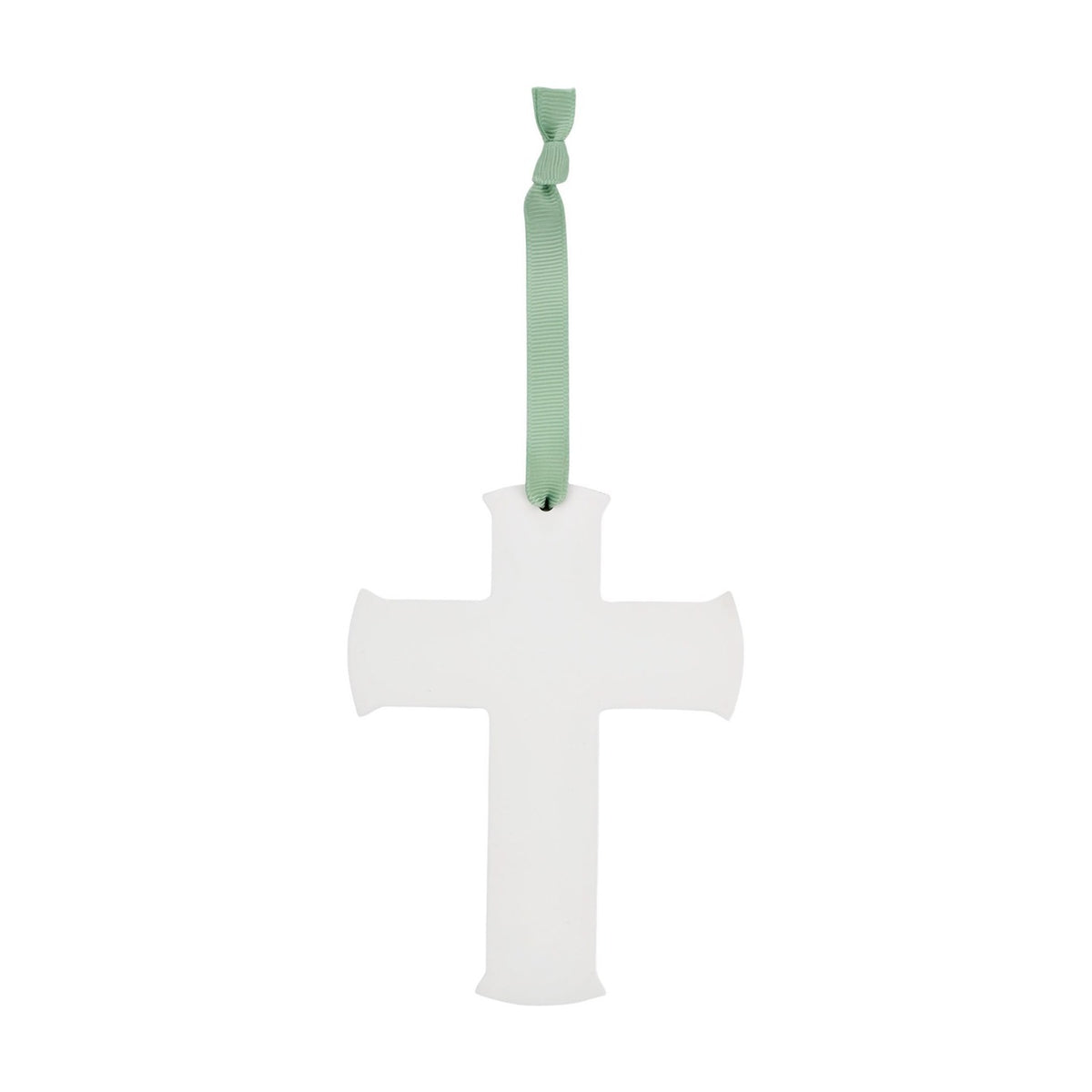 White matt hanging cross plaque with plain flared arms, suspended from a green ribbon bow, shown on a plain white background.