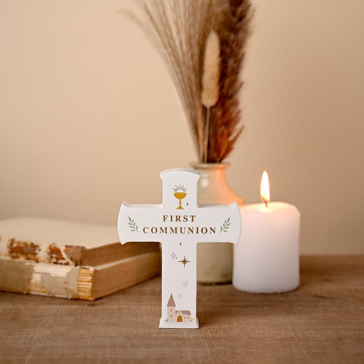 First Communion Freestanding Mantel Cross Plaque - White