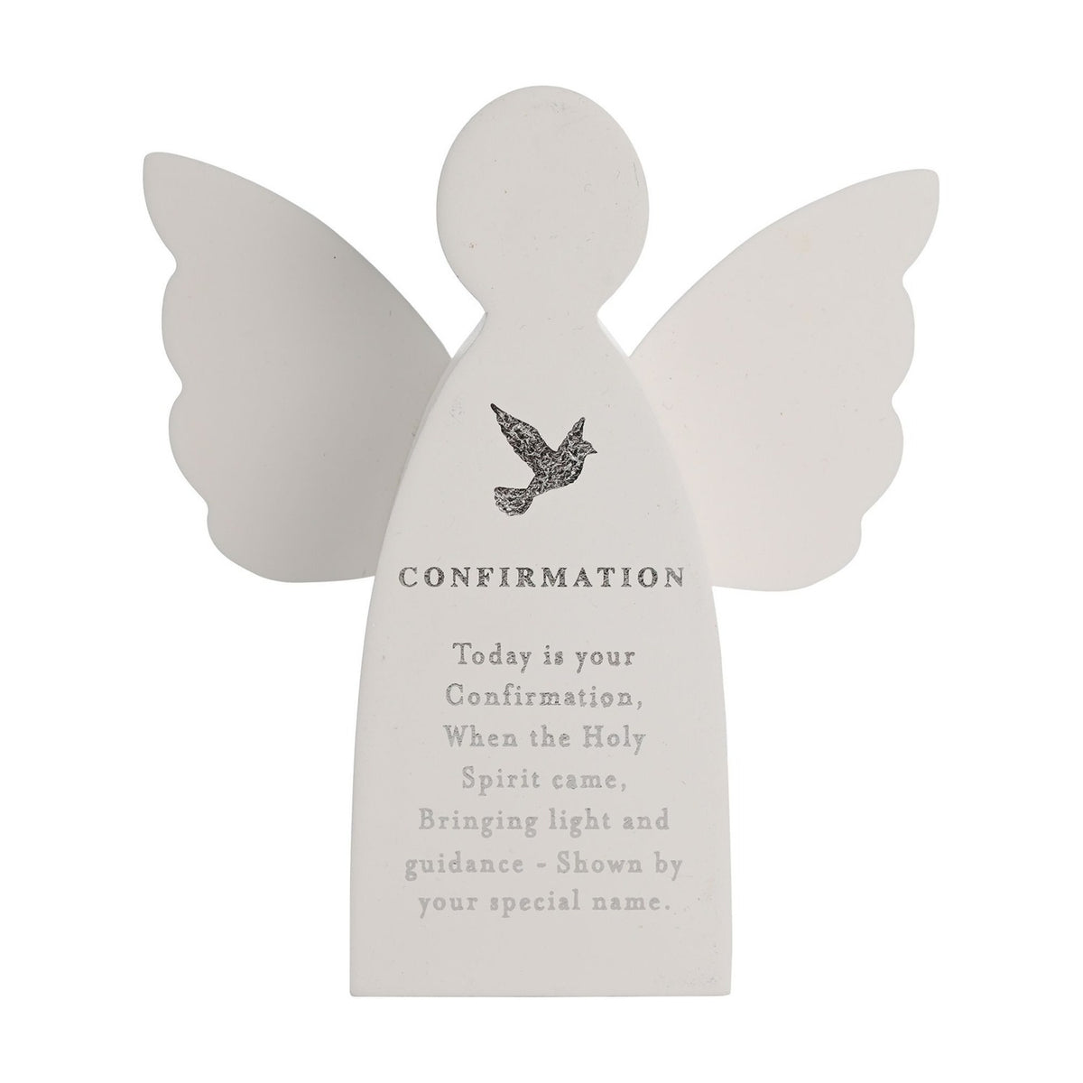 Confirmation Angel Plaque with Silver Dove and Verse - White