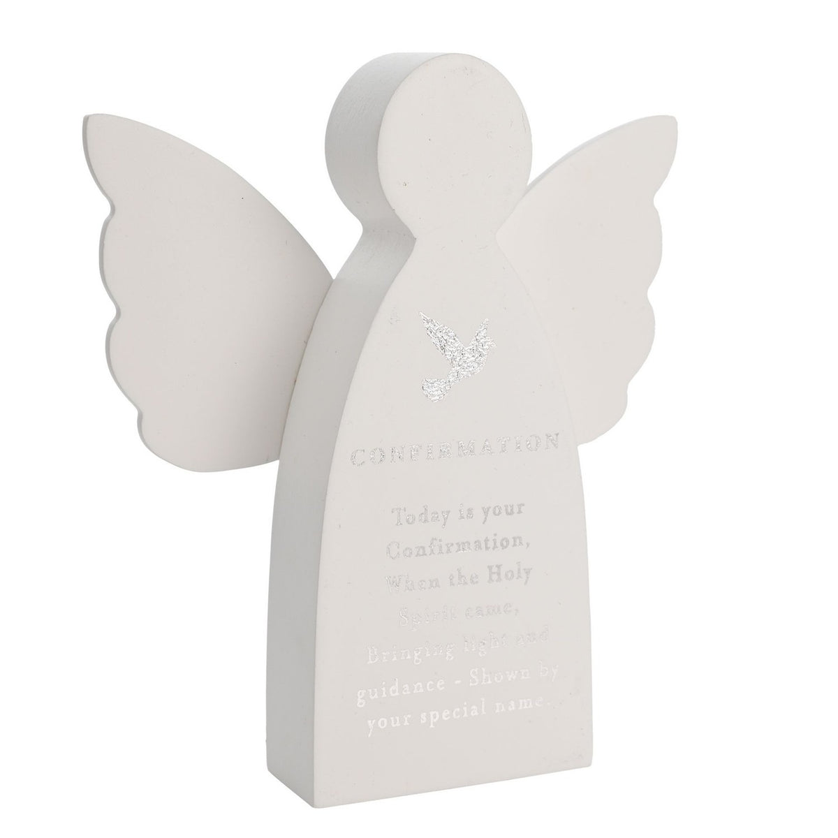 Confirmation Angel Plaque with Silver Dove and Verse - White