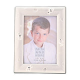 Chalice Scatter Easel metal photo frame in silver, rectangular with a broad sloped border decorated in relief with chalices, rings and dots, holding a 5 x 3.5in portrait photo on a white background.