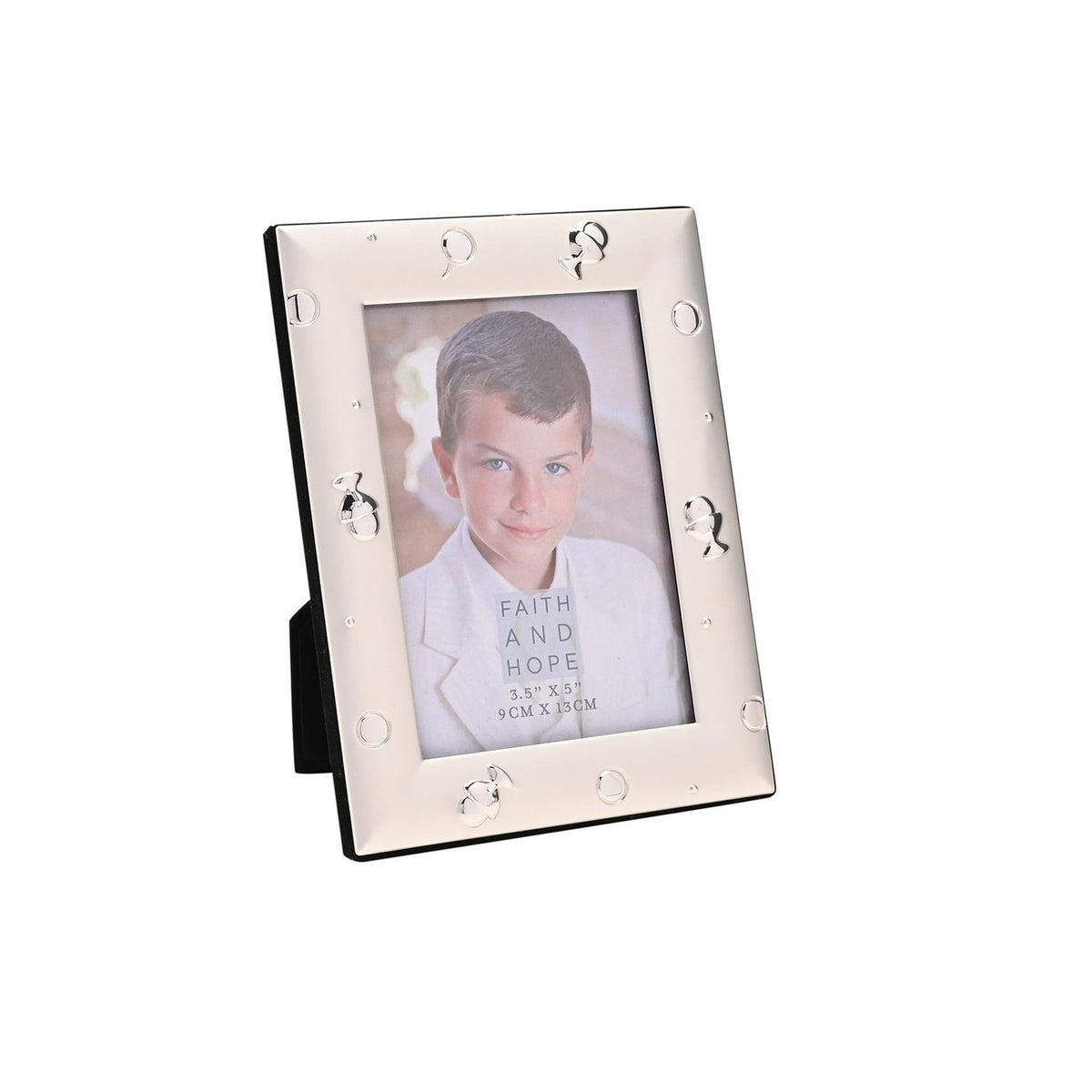 Silver metal photo frame with raised chalice and ring details on a broad sloped border, easel back, holding a 5 x 3.5in portrait photo on a white background.