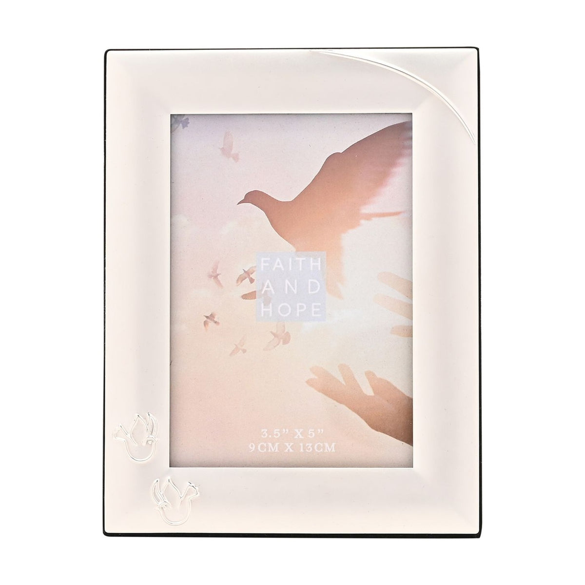 Silverplated rectangular photo frame with a broad polished silver border, two fine outline doves in the lower left corner, holding a 5 x 3.5in portrait photo on a plain white background.