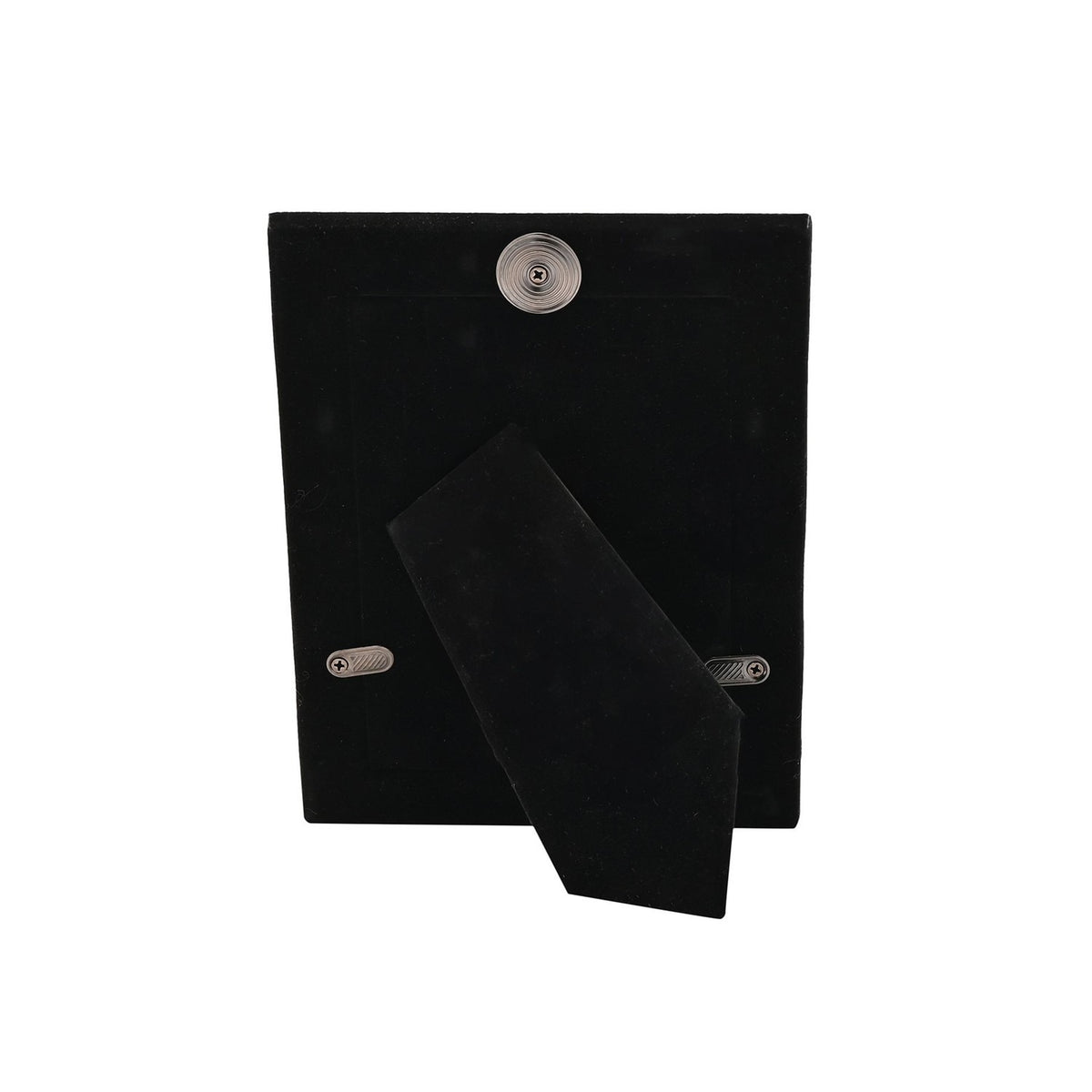 Back view of the Doves Silverplated Easel Photo Frame 5 x 3.5in, showing black velvet backing with a round fold-out stand and screw fittings on a white background.